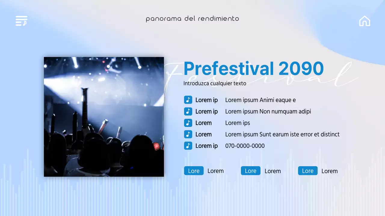 Un emotivo folleto de conciertos con una interfaz de usuario musical en degradado azul