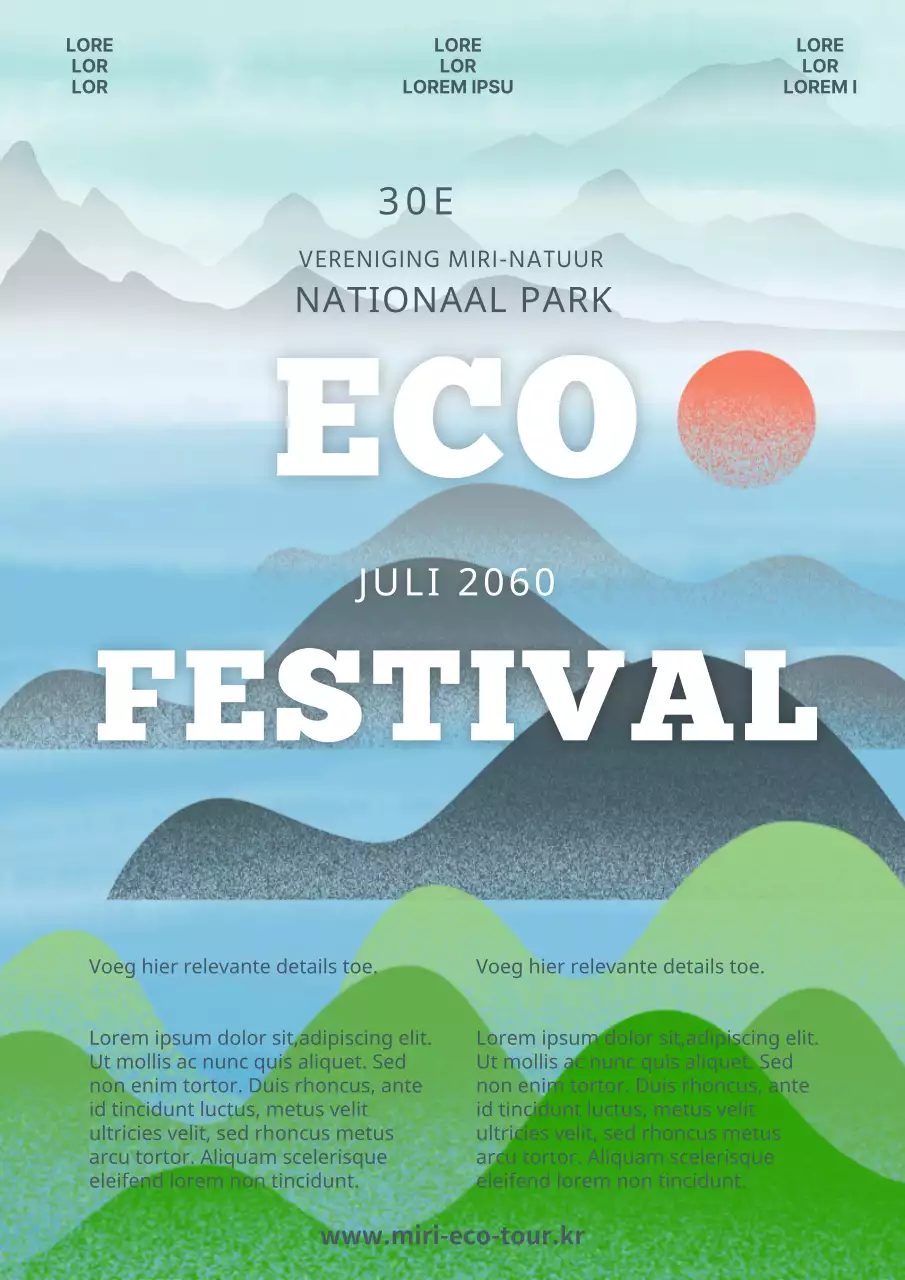 Promoot natuurfestivals in een printstijl met een blauwgroene achtergrond