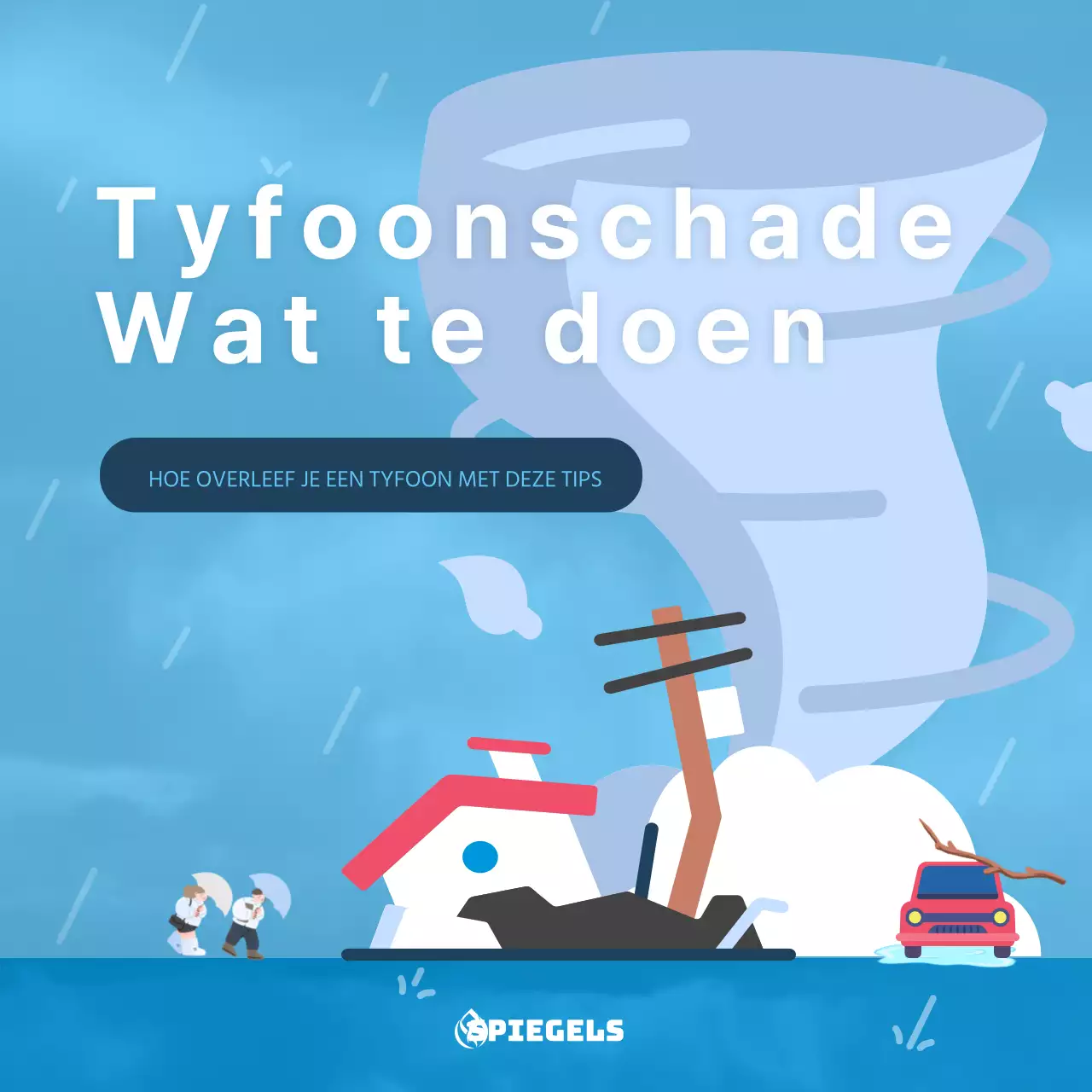 Informatie over hoe om te gaan met tyfoonschade met een tyfoonillustratie op een lichtblauwe achtergrond