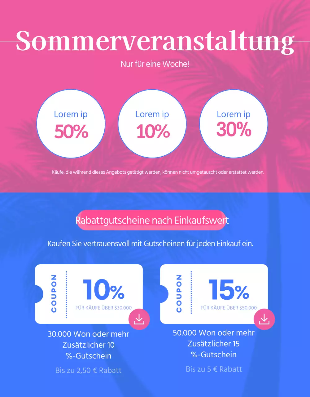 Werben Sie für Ihren großen Sommerschlussverkauf mit blauen und rosafarbenen Farbtupfern