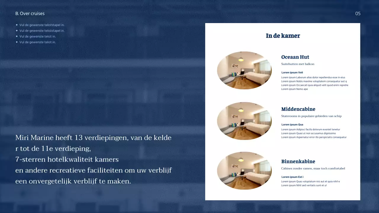 Een eenvoudig, schoon cruiseproduct met diep donkerblauw en helder wit voor een goede leesbaarheid.