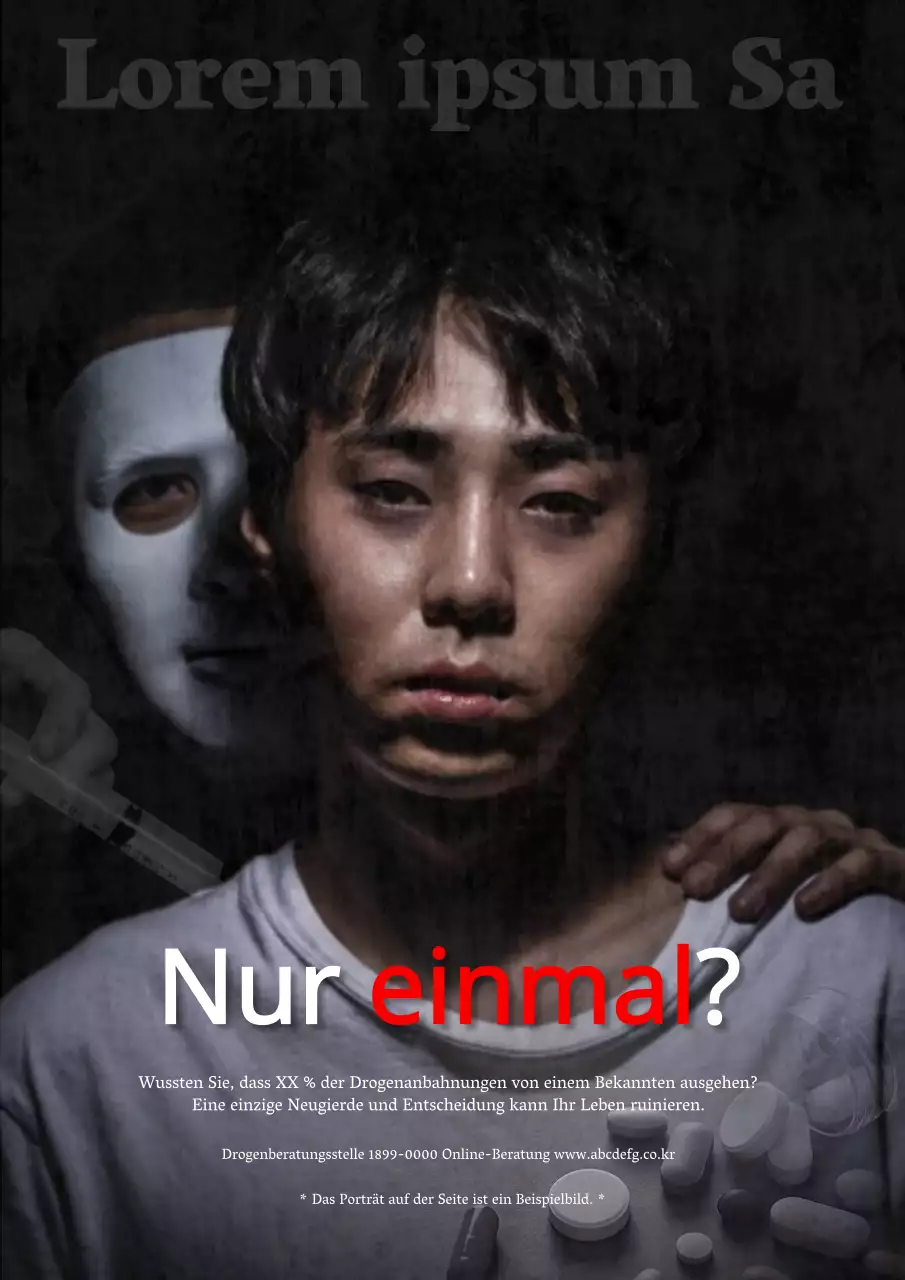 Mann in weißer Maske mit schwarzer Stimmung und Mann Drogenwarnanzeige