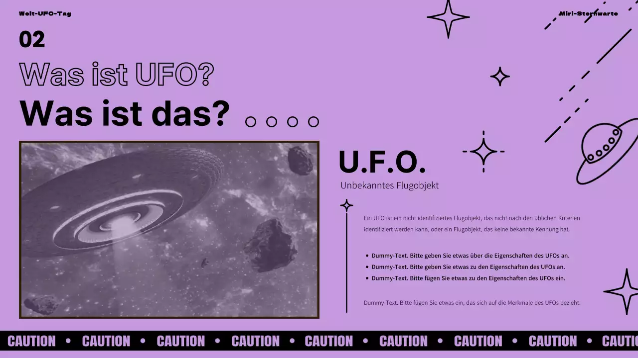 Einführung in den Welt-UFO-Tag mit lila und grünen Akzenten auf schwarzem Hintergrund