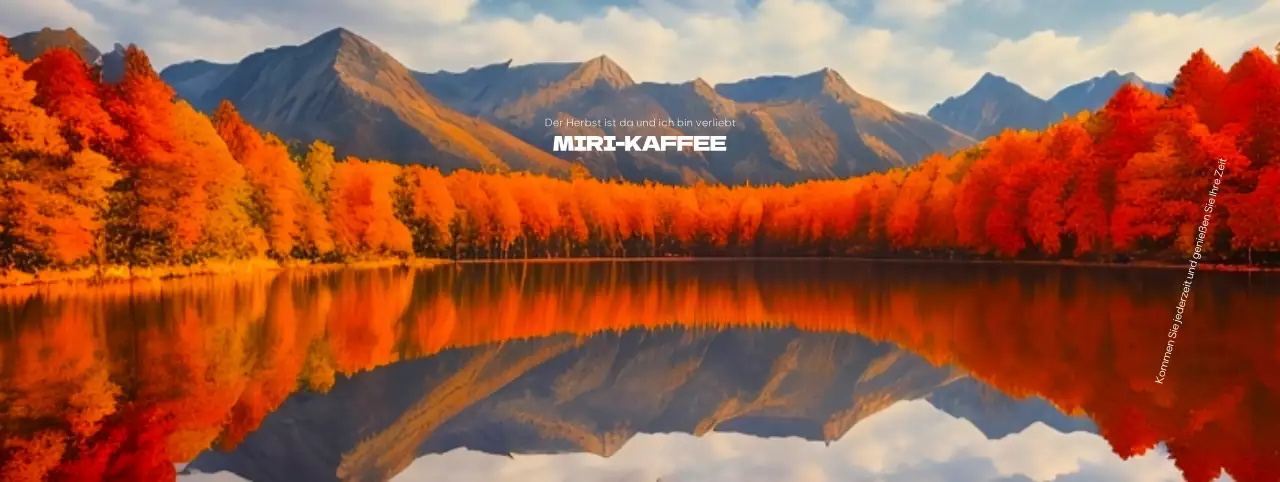 Ein Café mit herbstlicher Atmosphäre mit leuchtend roten Ahornbäumen und einem See im Hintergrund