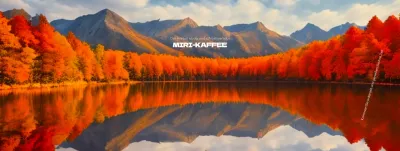 Ein Café mit herbstlicher Atmosphäre mit leuchtend roten Ahornbäumen und einem See im Hintergrund