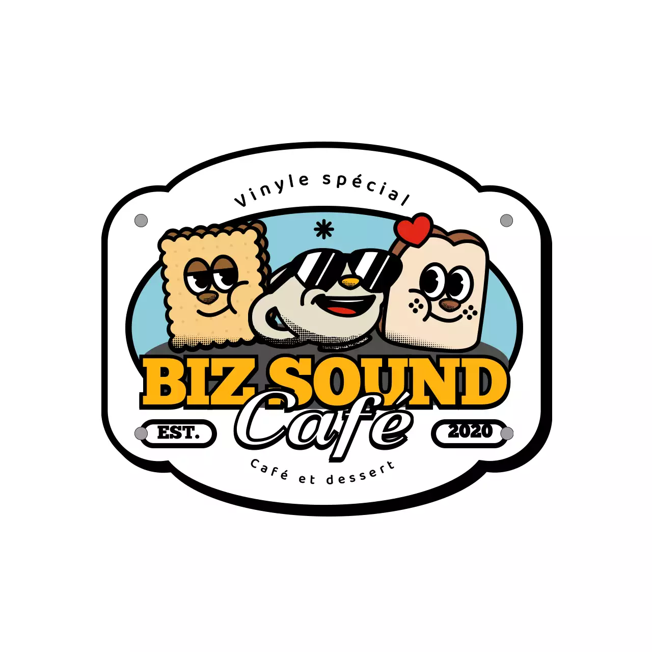 Série d'articles de café avec logo de personnage mignon et branché en jaune et noir