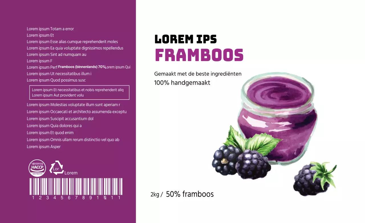 Frambozenjam met paarse illustratie voedselinformatiedisplay