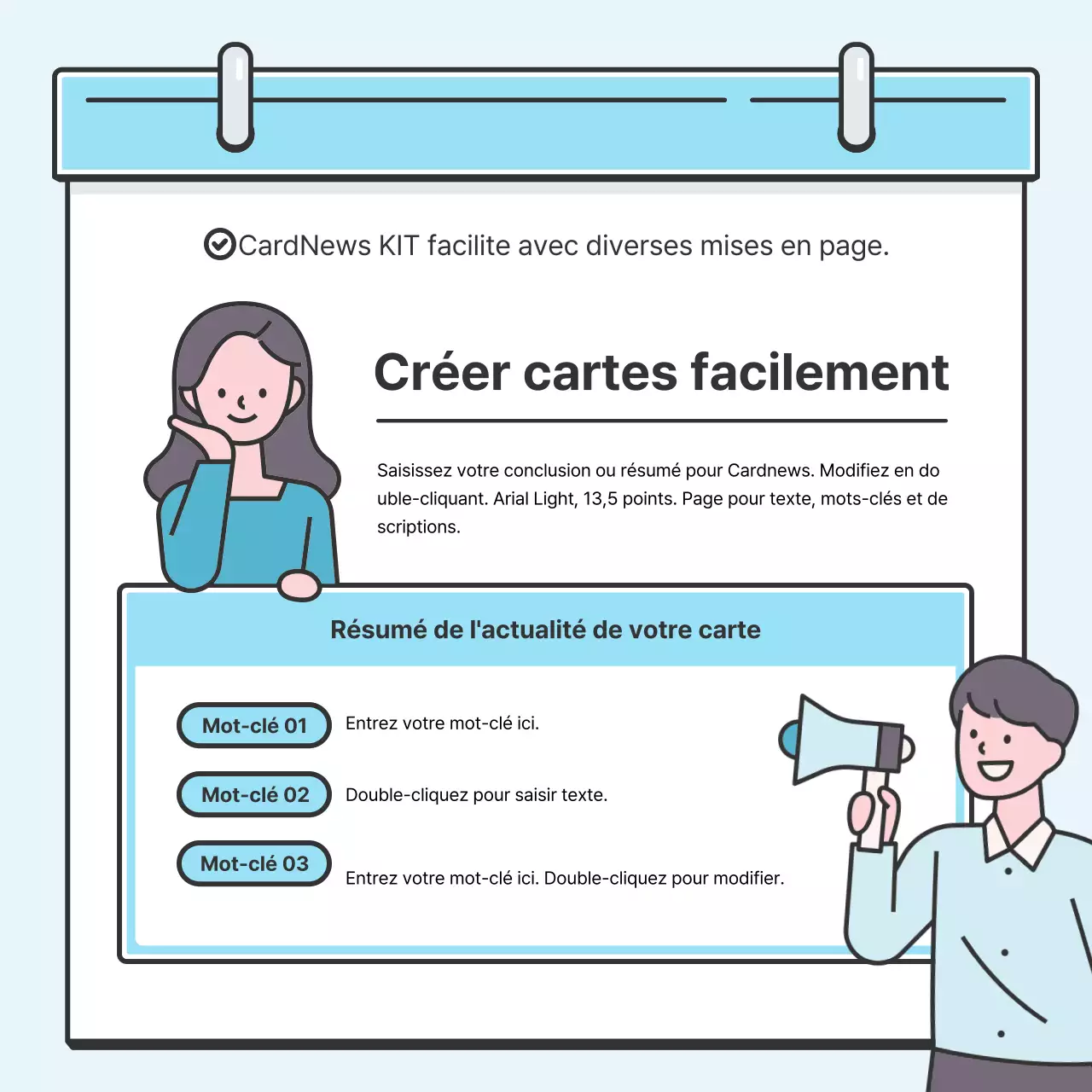 Concept de note bleu clair Carte soignée avec de jolies illustrationsNews