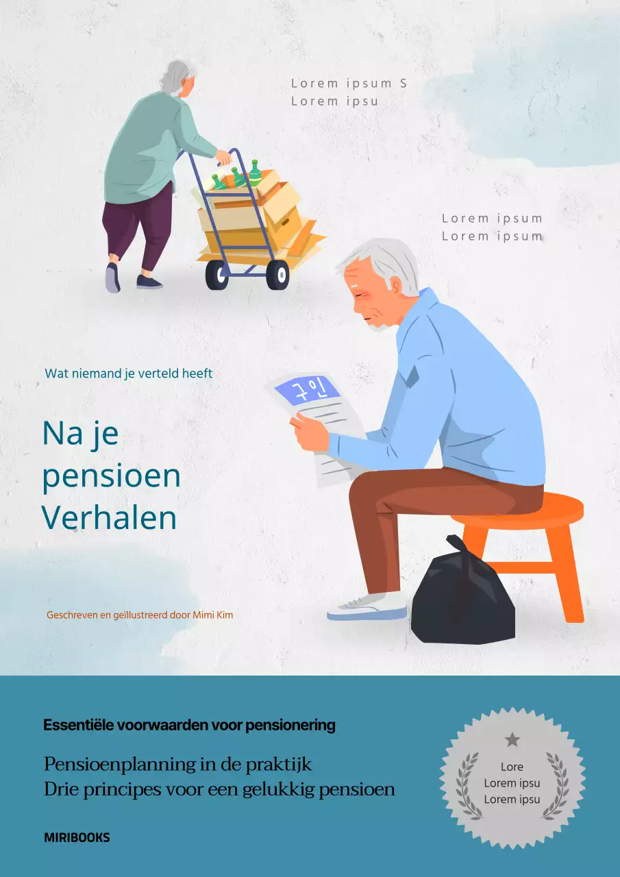 Pensioenhoes met een illustratie van een oudere persoon op een lichtblauwe achtergrond