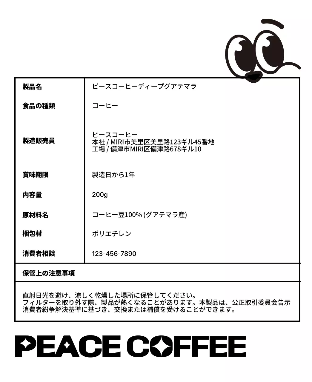 黒いコーヒーカップのキャラクターイラストが描かれたかわいいデザインのコーヒー豆。