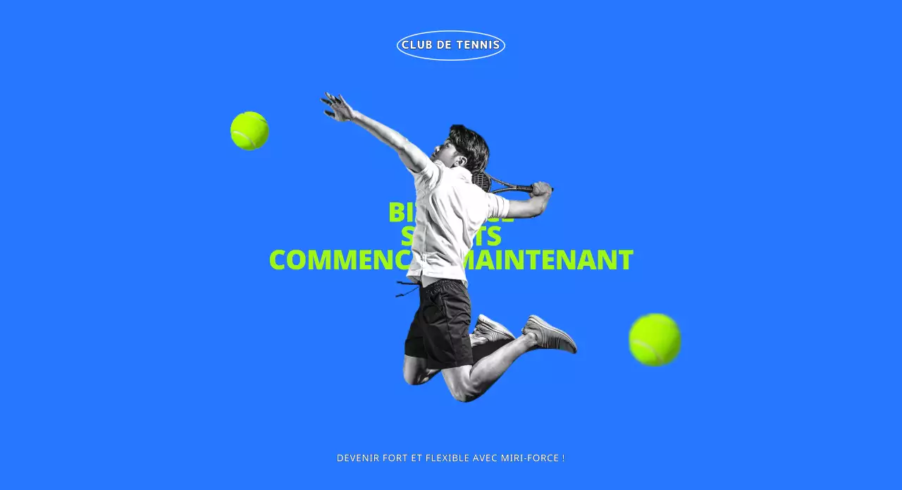 Un club de tennis jeune et actif en bleu et chartreuse.