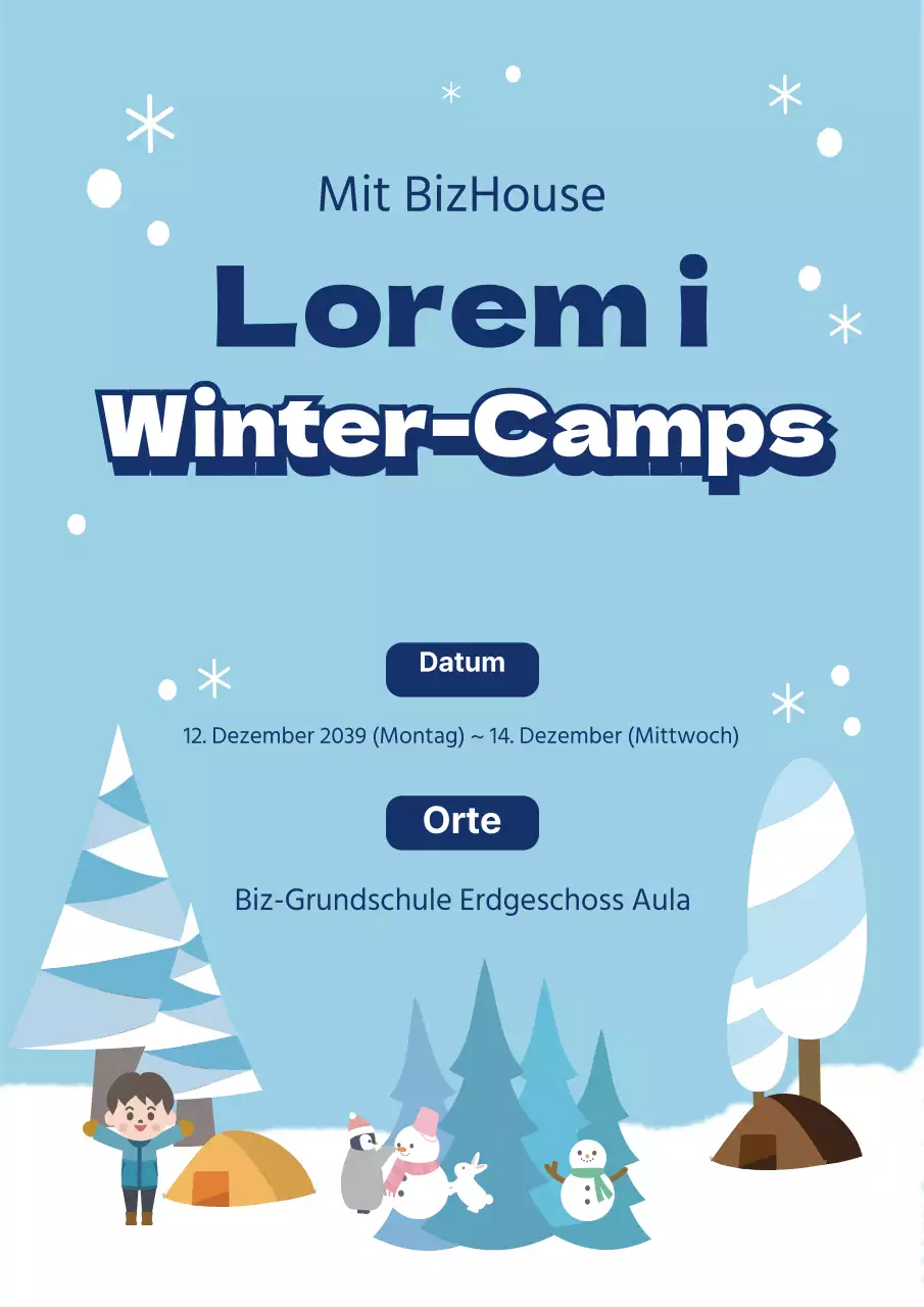 Niedlicher Grundschul-Winterlager-Veranstaltungsflyer in Hellblau.