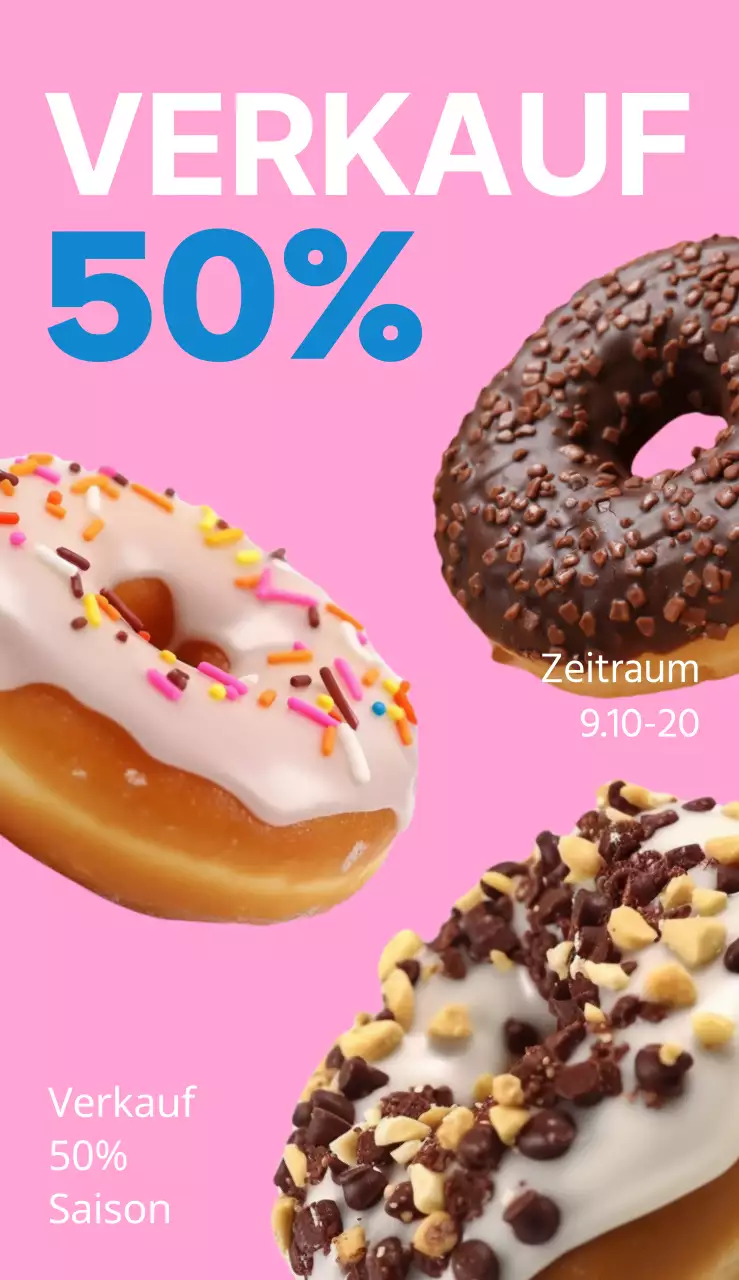Ein einfaches, farbenfrohes Plakat mit Text und Fotos über eine Donut-Verkaufsveranstaltung.