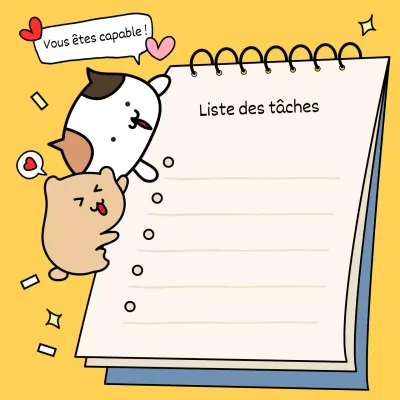 Notes grossières sous forme de gribouillis avec des fonds jaunes et des personnages animaux sur des galettes de riz