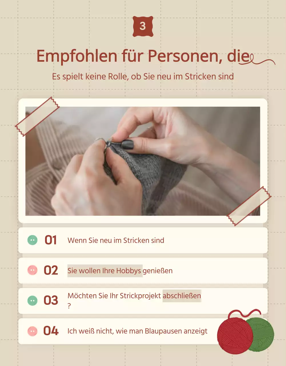 Werben Sie für einen Strickkurs in Beige und Rot.