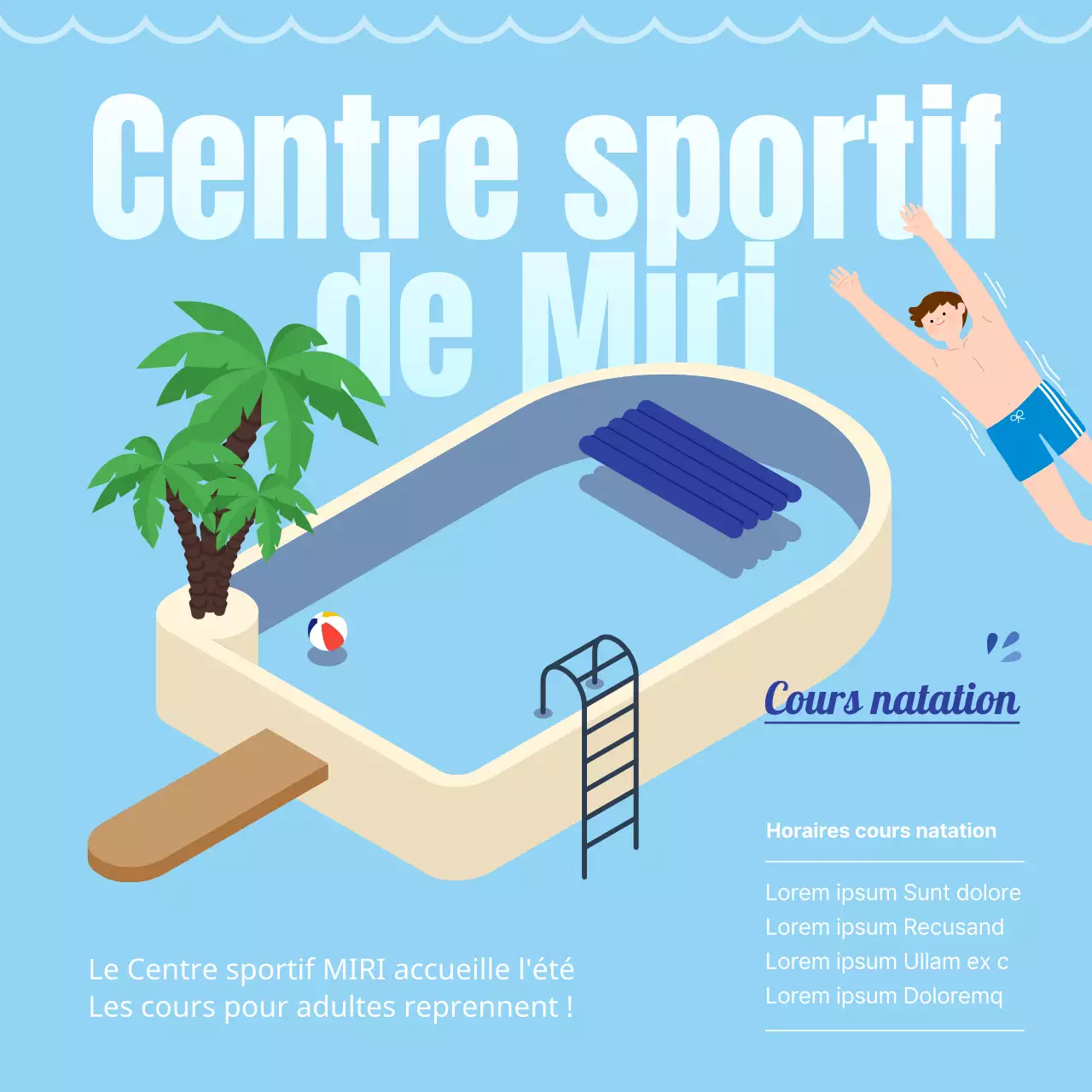 Promouvoir le début des cours de natation avec une jolie illustration de piscine de crème glacée bleue.
