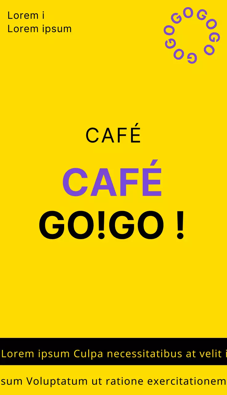 Un panneau simple pour un café en jaune, noir et violet avec du texte et des formes en rapport avec le café Gogo Coffee.