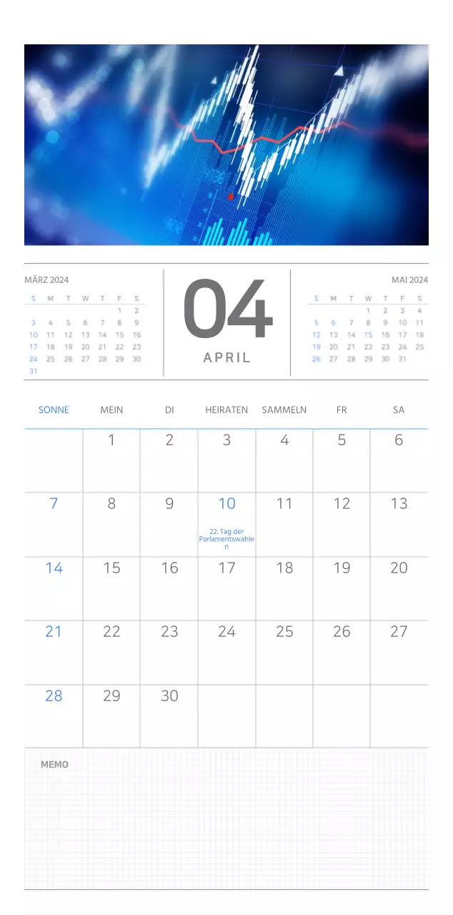 Einfaches Business-Konzept Wandkalender in blau und weiß