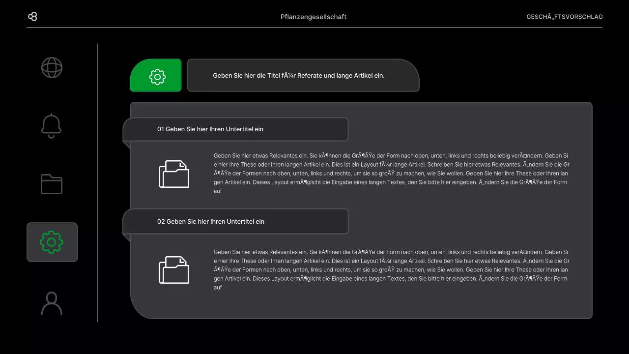 Geschäftsvorschlag für ein Unternehmen mit einem schwarz-grünen natürlichen Blattkonzept