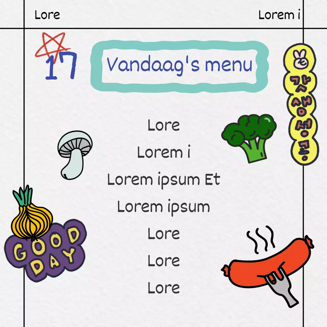 Geef informatie over het lunchmenu van studenten in een dagboekachtig formaat op wit papier
