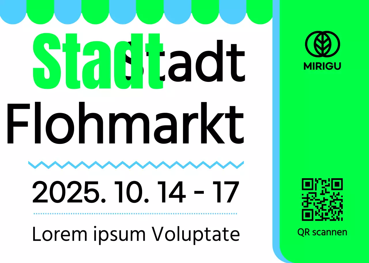 Ein Werbeschild mit einer grünen, himmelschwarzen Flohmarktankündigung und mehreren Abbildungen von Formen.