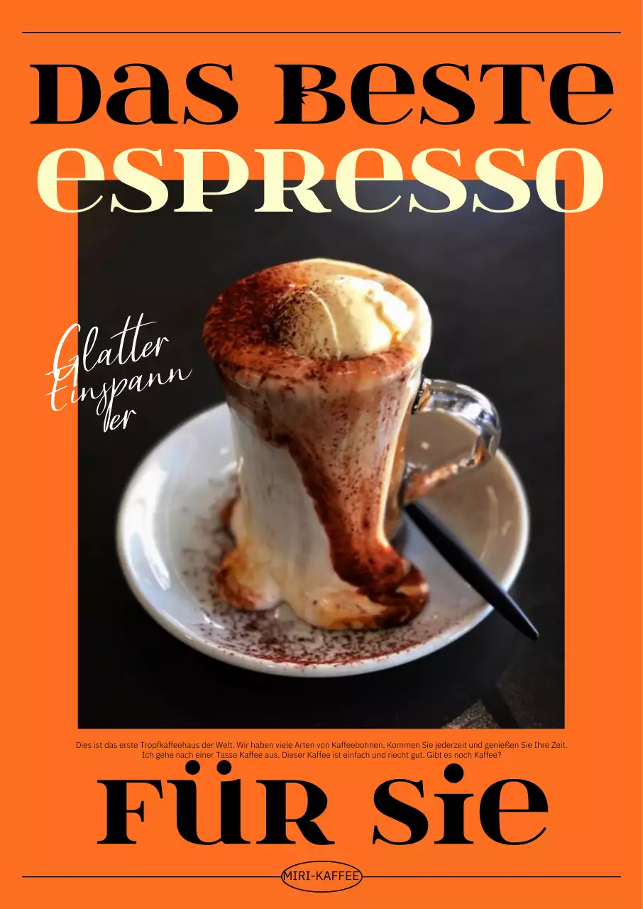 Ein schickes Café-Interieur mit sauberer schwarzer Schrift auf orangefarbenem Hintergrund