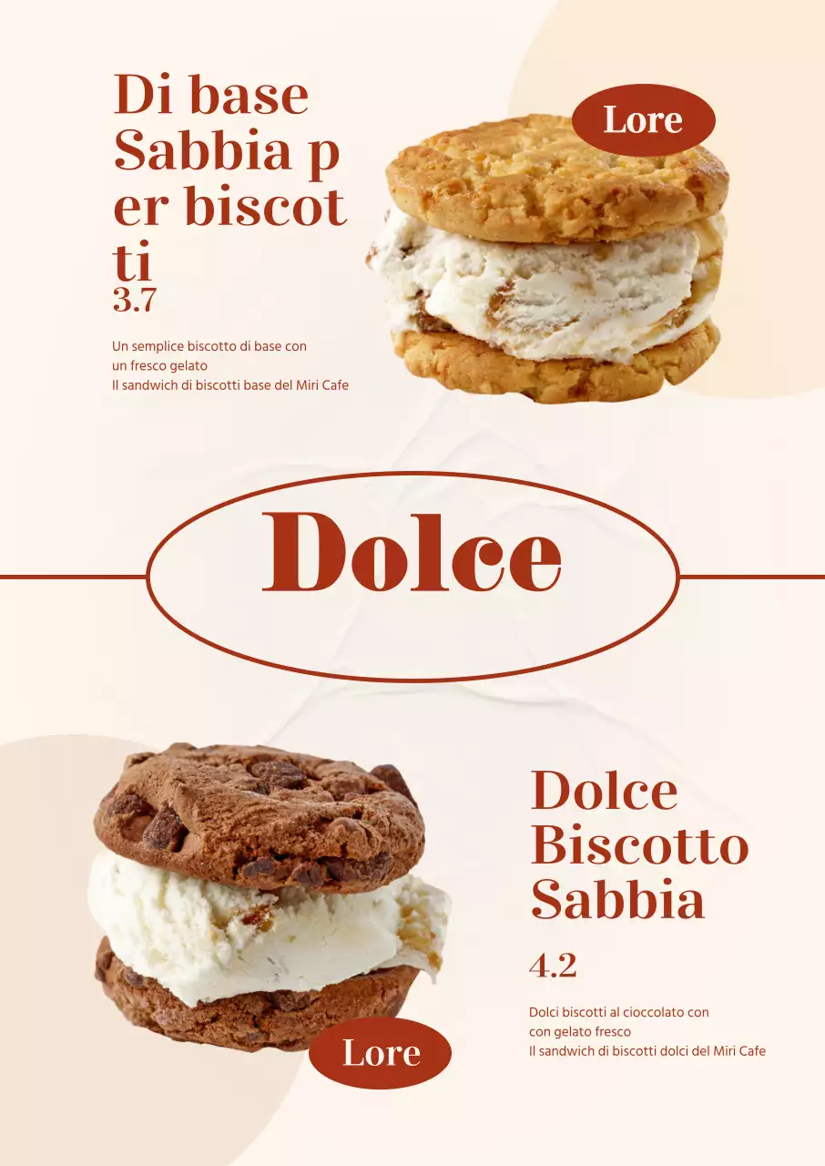 Presentazione della carta dei dessert del caffè in avorio e rosso