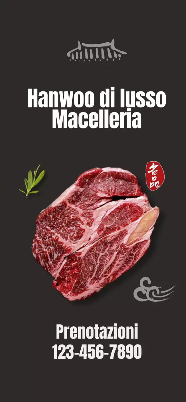 Promuovete un ristorante pulito di ispirazione coreana con immagini di carne coreana su sfondo nero.