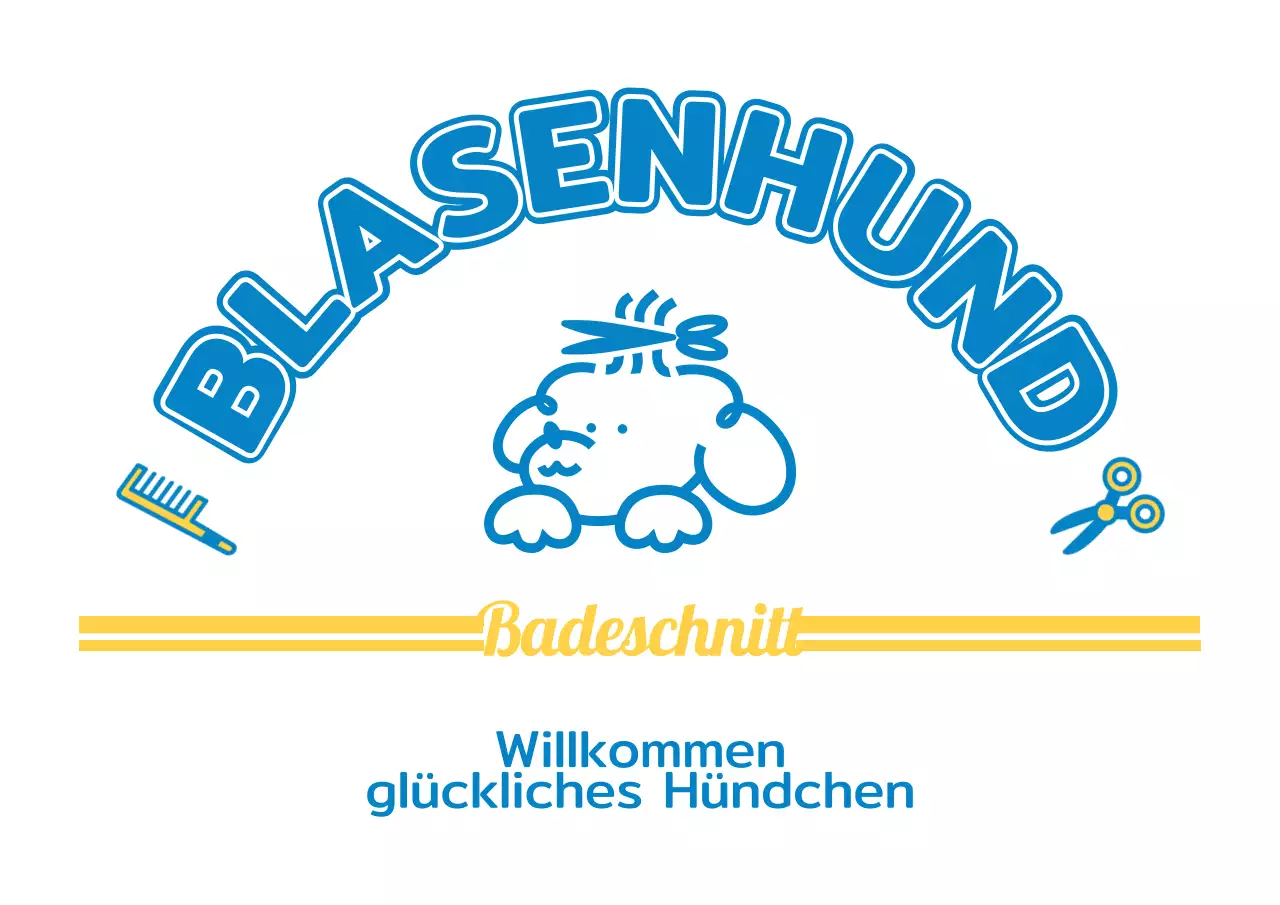Hundepflegesalon mit niedlichen blauen und gelben Welpenfiguren
