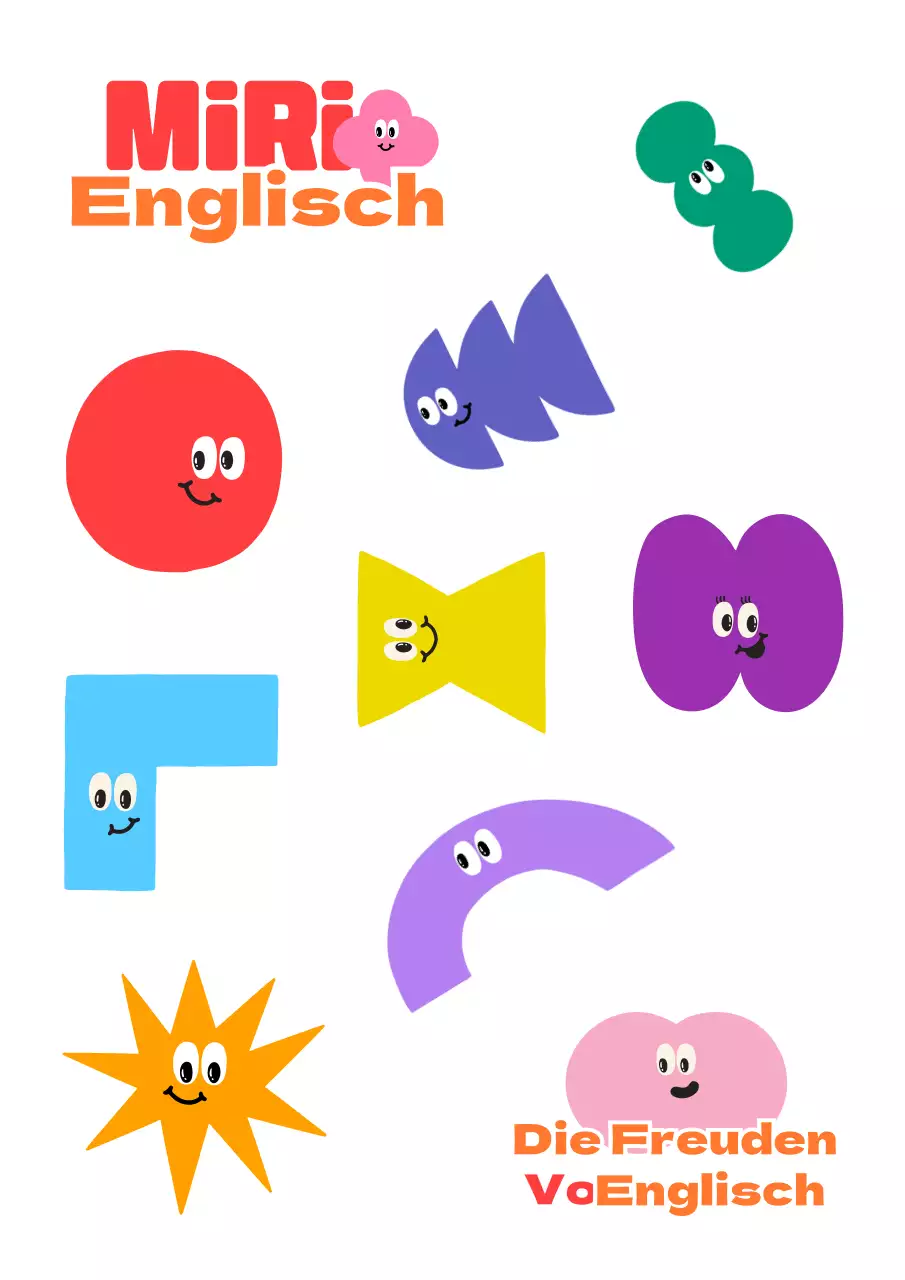 Niedliche Werbeaufkleber mit buntem vor-englischem Text und illustrierten Figuren.
