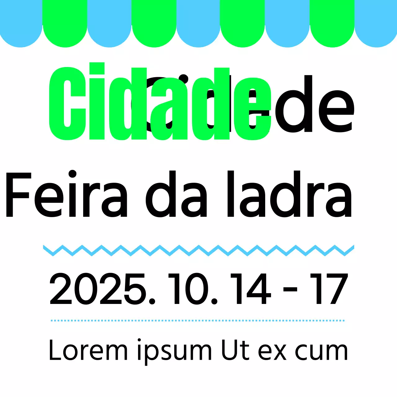 Um cartaz promocional com um anúncio de feira da ladra em verde-celeste-preto e várias ilustrações de formas.