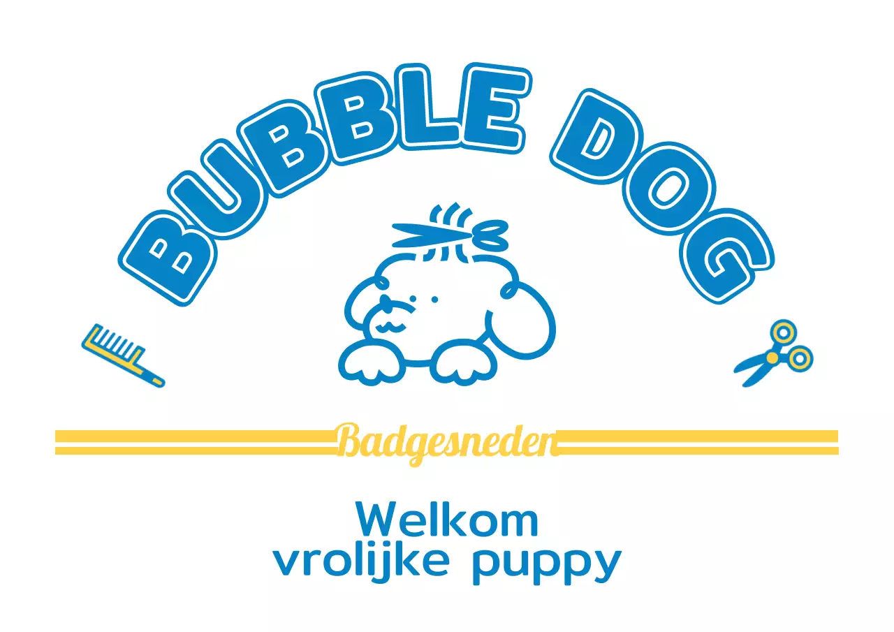 Hondentrimsalon met schattige blauwe en gele puppyfiguren