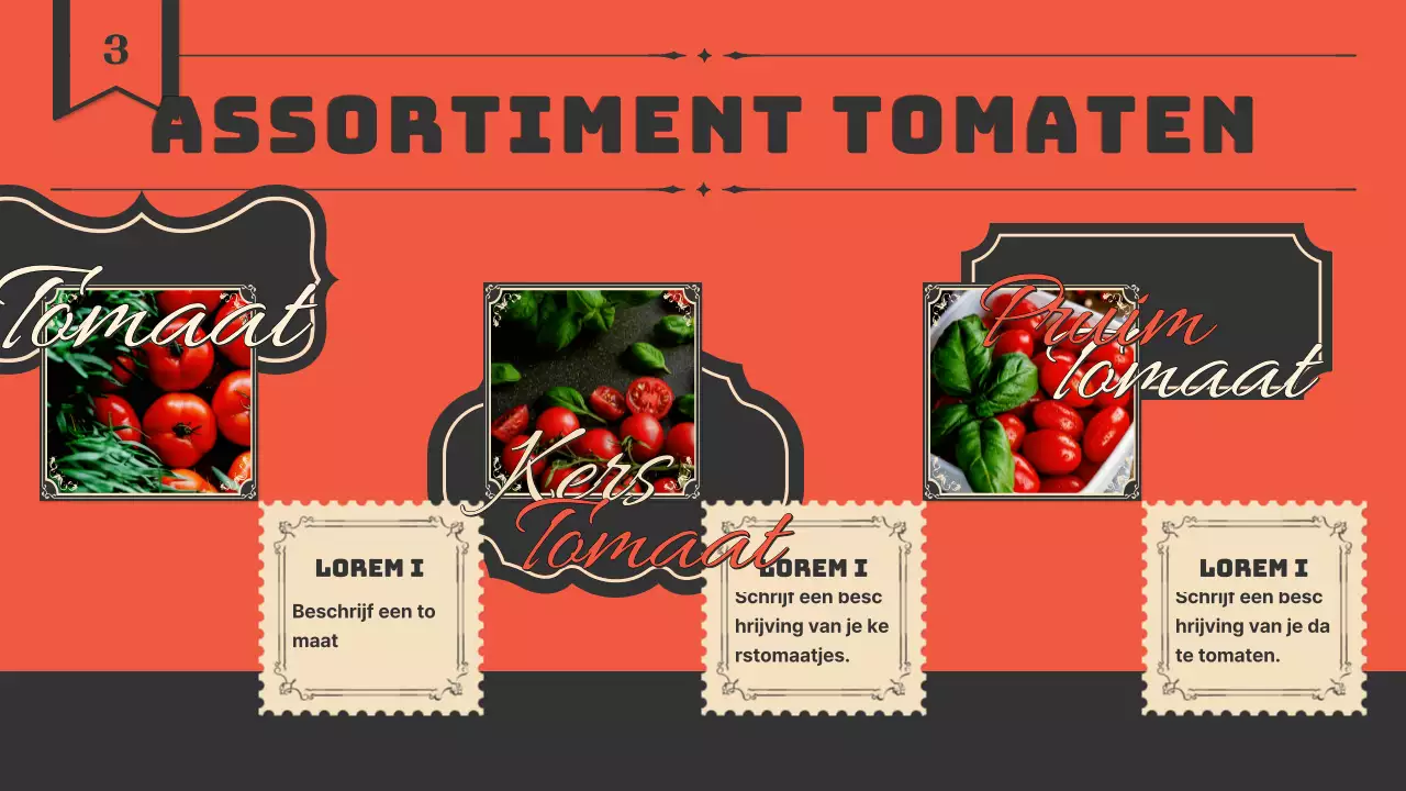 Introductie van tomaten met een vintage labelconcept in oranje en marineblauw