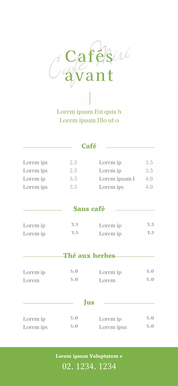 Tarifs simples et nets pour les menus de cafés, en chartreuse et en blanc