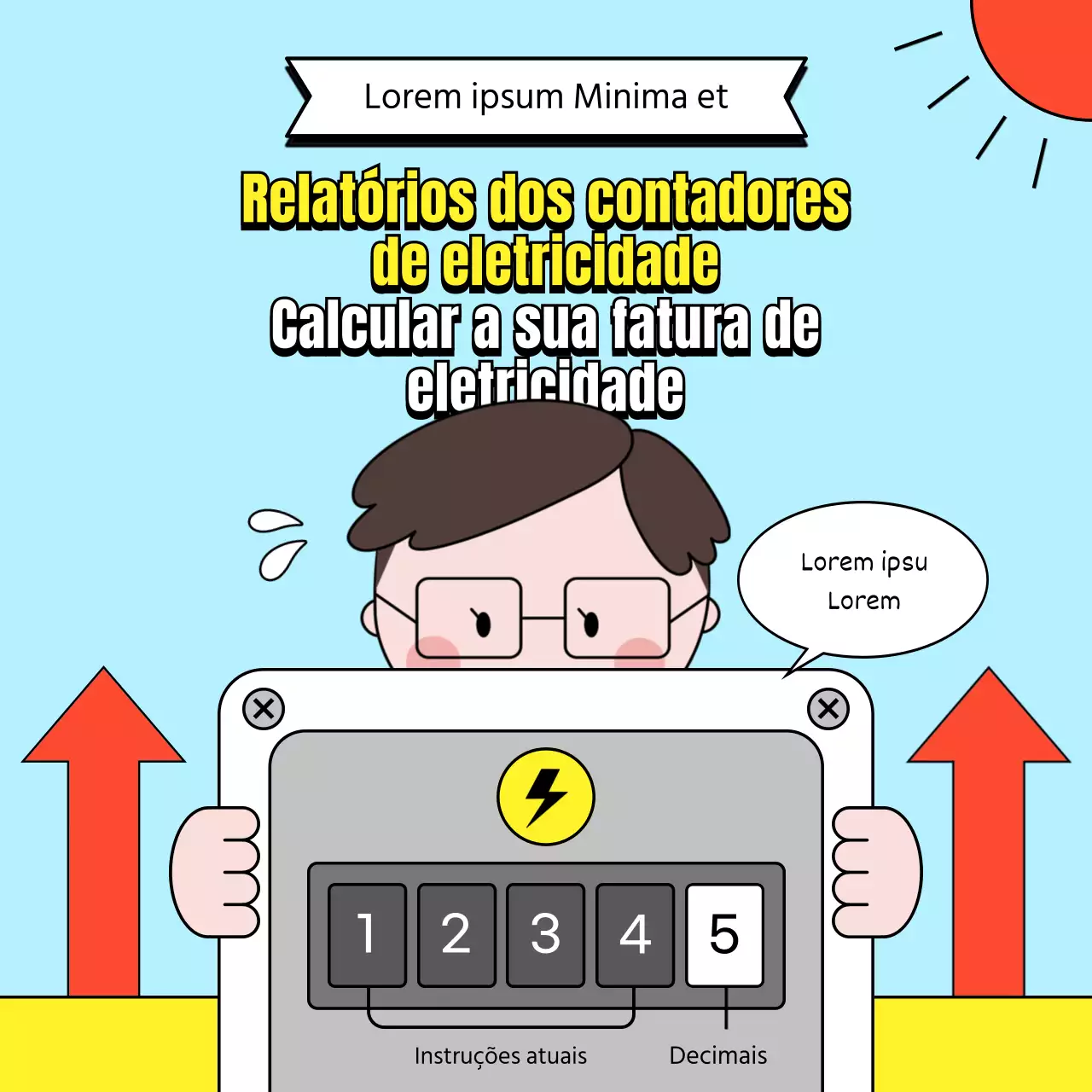 Contador de eletricidade com ilustrações engraçadas em azul claro Dicas para calcular a sua fatura de eletricidade