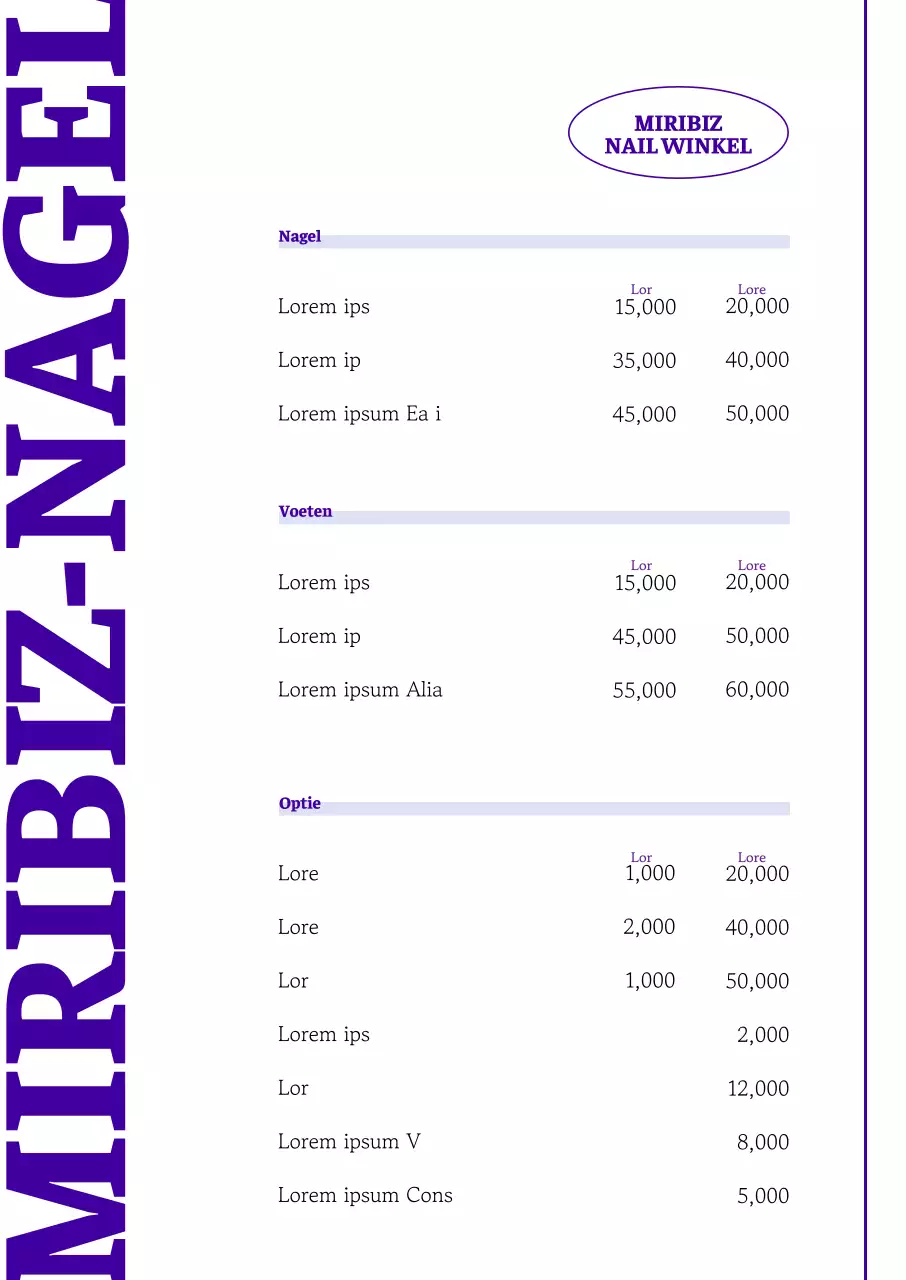 Eenvoudig menubord voor nagelsalon in paars