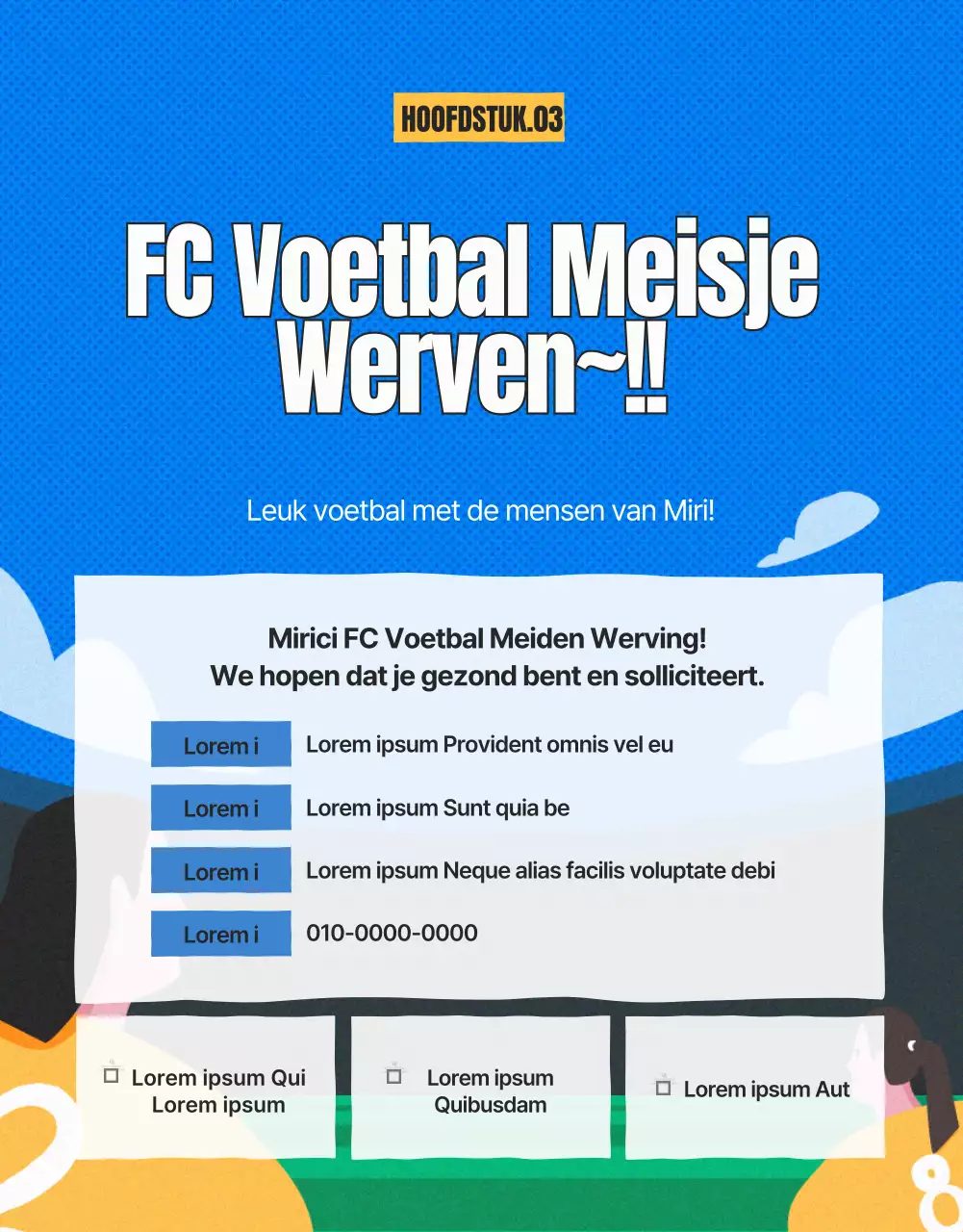 Rekruteringsadvertentie vrouwenvoetbal in groen en geel