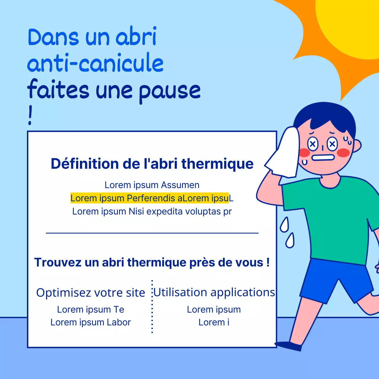 L'horaire des abris en cas de vague de chaleur estivale est illustré par des personnages simples et mignons en bleu clair et en bleu.