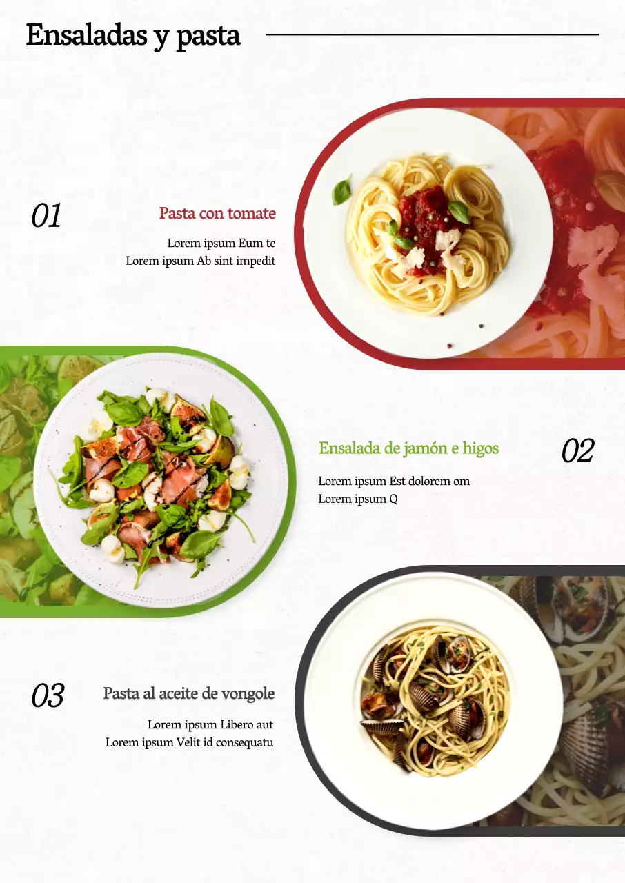 Cartel de menú en rojo, verde y gris para ensaladas y pasta