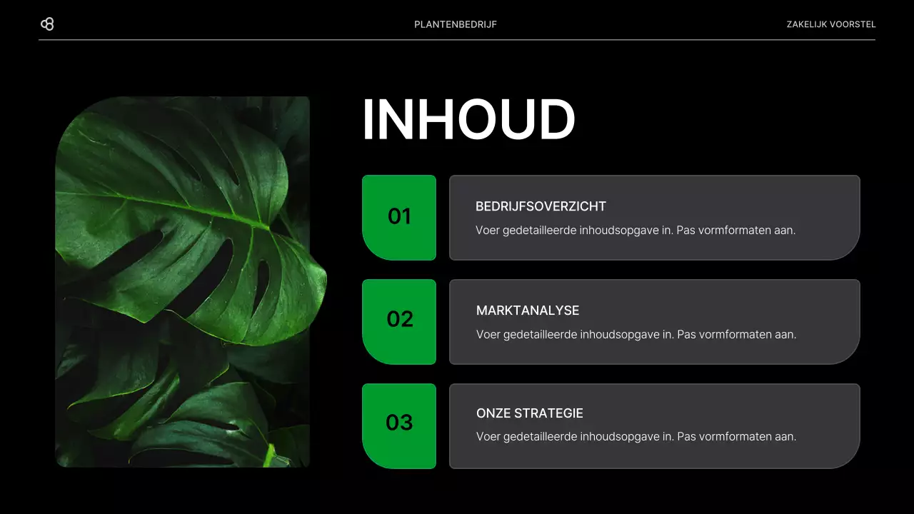Zakelijk voorstel voor een bedrijf met een zwart en groen natuurlijk bladconcept