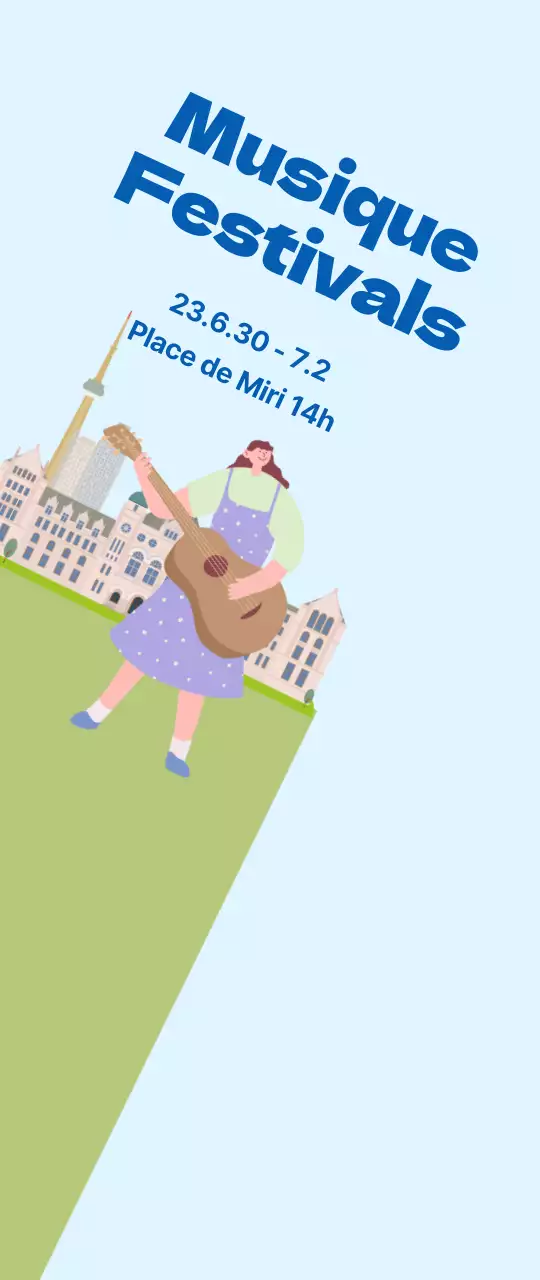 Promotion d'un festival de musique en petit format sur fond d'herbe bleue et verte