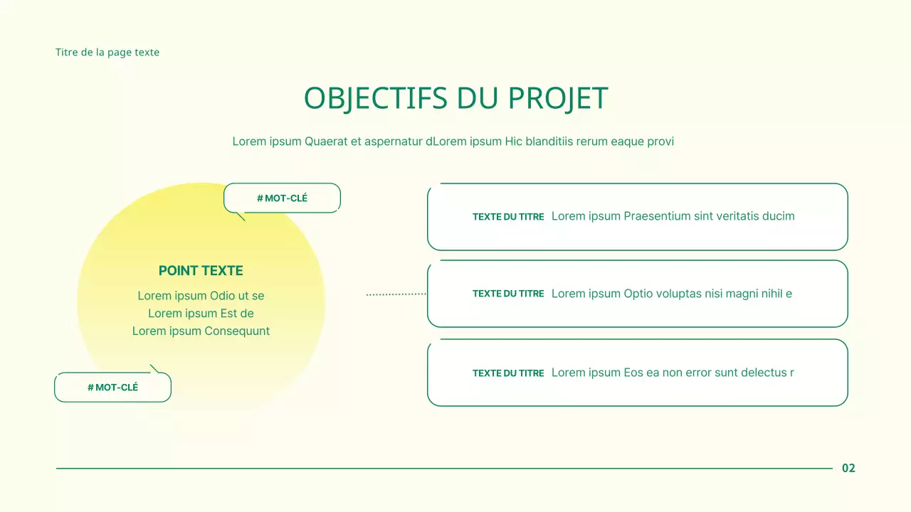 Présentation simple d'un projet d'entreprise avec des points en forme de cercle vert