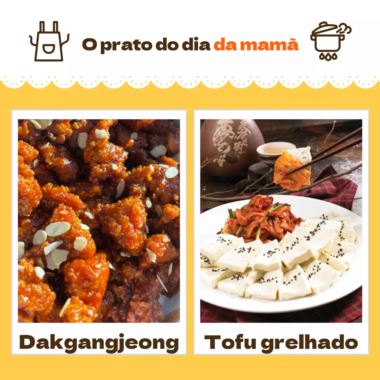 Uma peça promocional da delicatessen da mãe com cores suaves, com um fundo amarelo e fotografias de alimentos brilhantes.