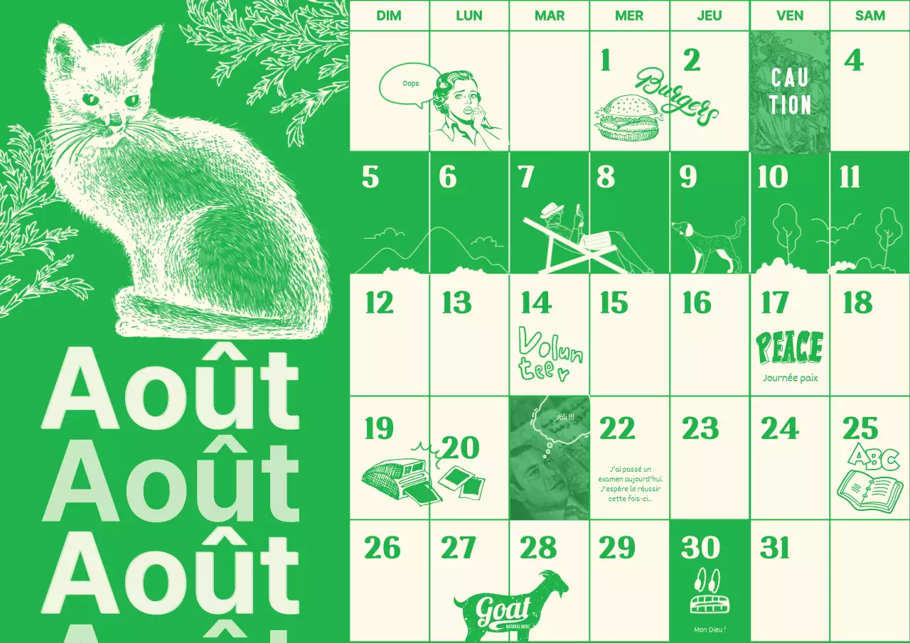 Calendrier sentimental vintage illustré sur fond vert