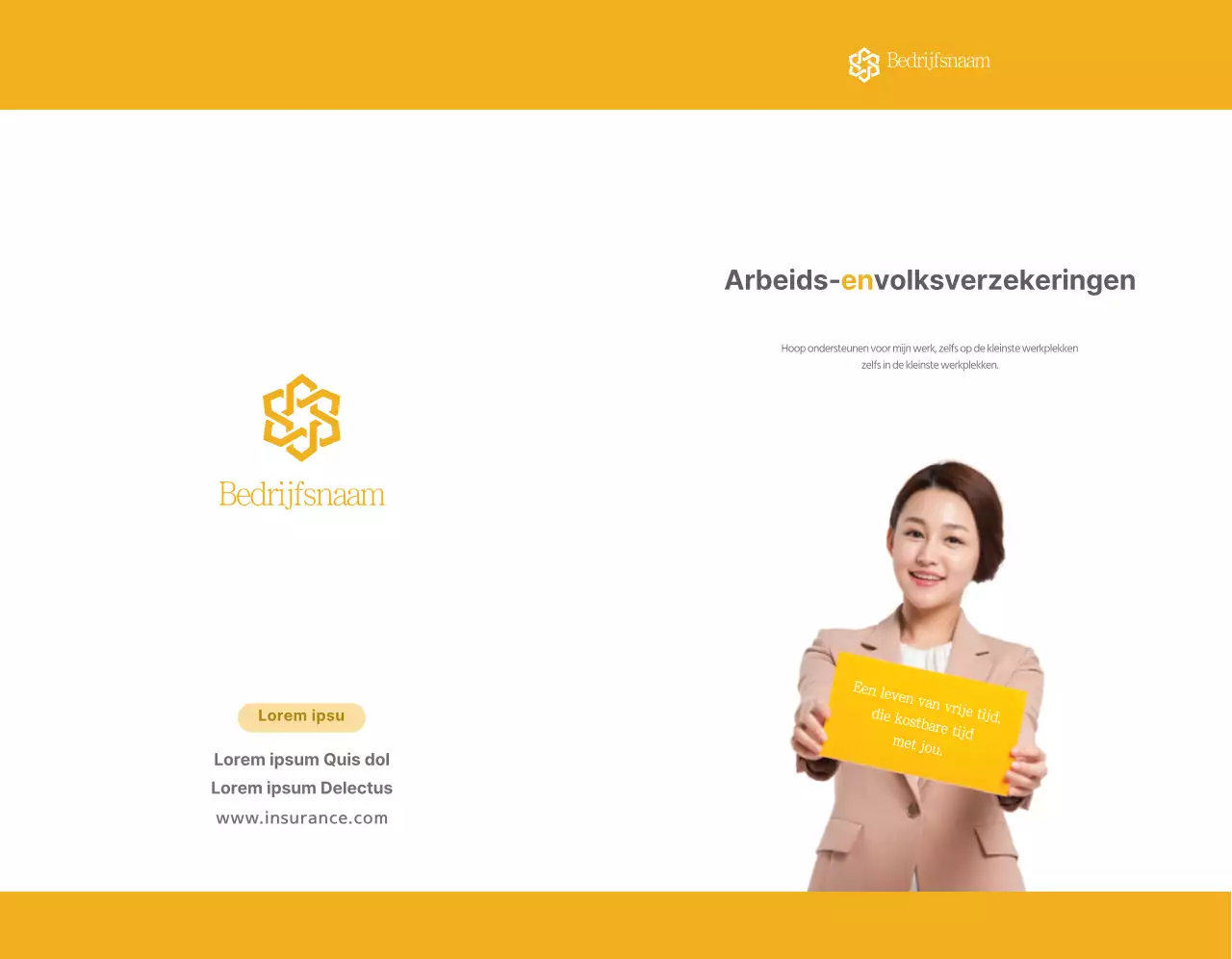 Een eenvoudige gele tekst en afbeelding ter promotie van het nationale verzekeringsstelsel.