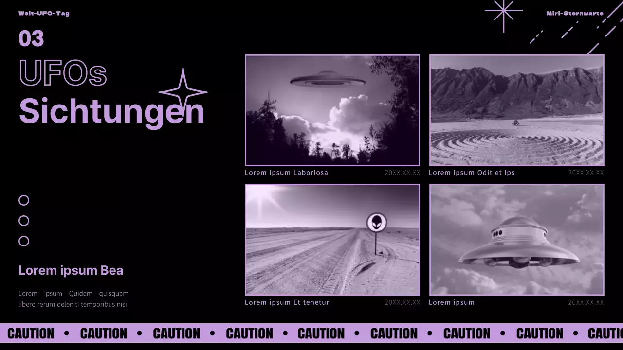 Einführung in den Welt-UFO-Tag mit lila und grünen Akzenten auf schwarzem Hintergrund