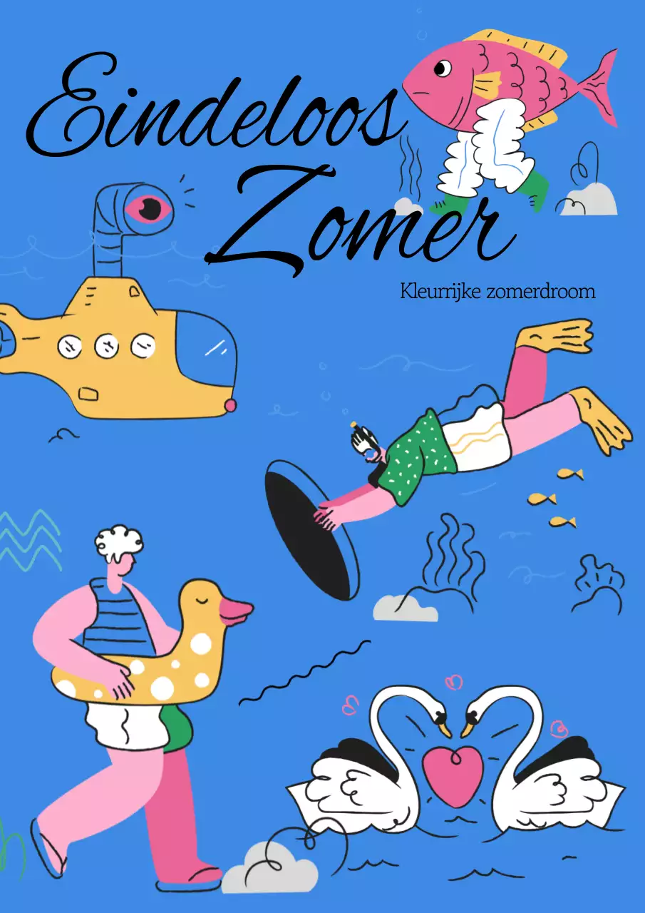 Zomerpromotie met artistieke illustraties op een blauwe achtergrond