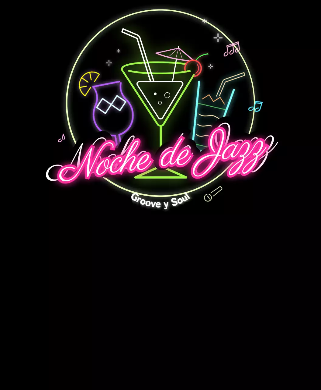 Camiseta del festival de jazz con letreros de neón rosas y multicolores