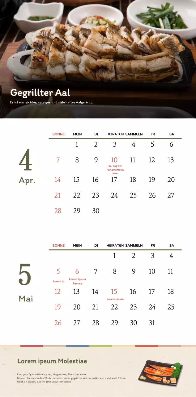 Traditioneller koreanischer Restaurantkonzept-Gutscheinkalender in Beige und Braun