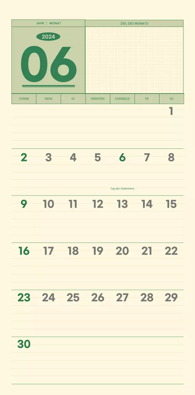 SAT D-day Notizblock Konzept Wandkalender in grün und hellgelb